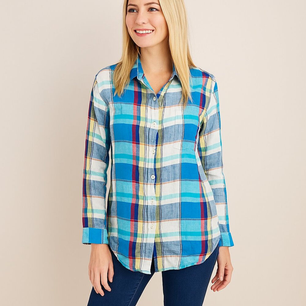 2/$30 Chico's Design Plaid Linen Button-Down Shirt Blue Multi 12 #A1523